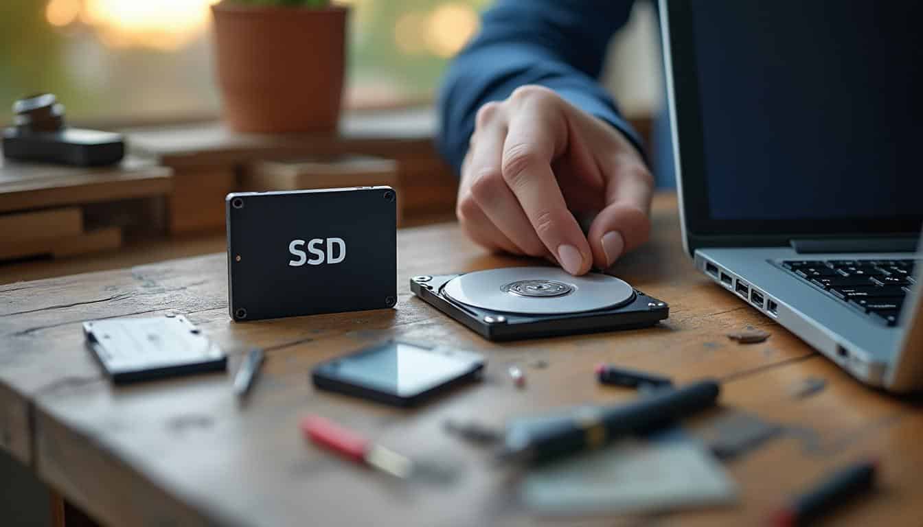 Illustration: Comparaison entre disque SSD et disque dur traditionnel sur ordinateur portable